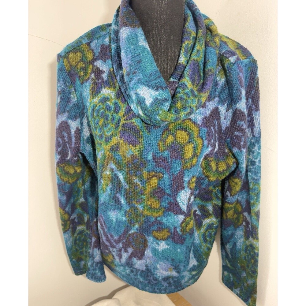 Habitat Women’s Small Cowl Neck Sweater Blue Green Abstract Knit Cozy Pullover